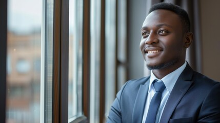 Fototapeta premium African/African young businessman looking at the window and smiling