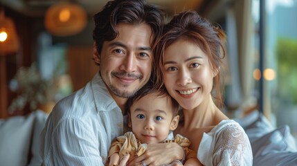 portrait of smiling Asian family at home