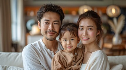 portrait of smiling Asian family at home