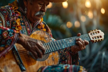 A musician in vivid attire playing a classic guitar surrounded by soft bokeh lights, bringing an...