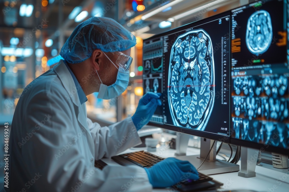 Poster a focused scientist working on brain imagery data in a high-tech laboratory analyzing neurological h