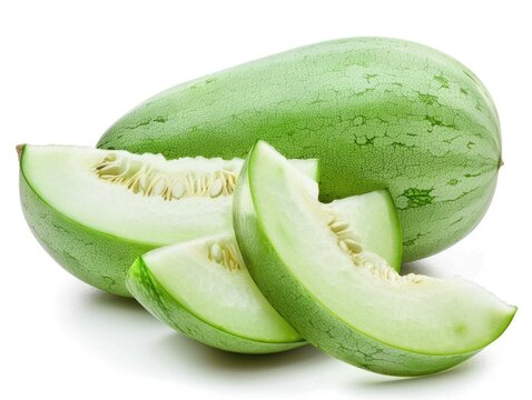 Winter Melon Gourd Isolated on White Background - Fresh Asian Wax Vegetable in Green and Ash Grey