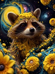Racoon with flowers in a galaxy