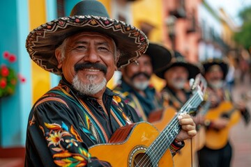 A smiling musician strums a guitar, wearing a traditional embroidered shirt and ornate hat