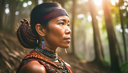 MULHER INDÍGENA DE MEIA IDADE EM MEIO A UMA RESERVA EM UM CONCEITO DE VALORIZAÇÃO DAS TRADIÇÕES DOS POVOS ORIGINÁRIOS DA AMÉRICA