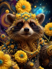 Racoon with flowers in a Galaxy.
