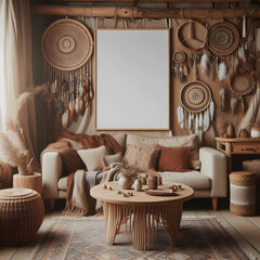 3D render of a mockup frame with a nomadic bohemian interior background and rustic decor.
