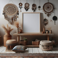3D render of a mockup frame with a nomadic bohemian interior background and rustic decor.