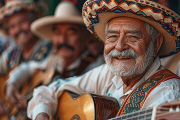 A joyful Mexican guitarist in traditional clothing performs with a group in the background