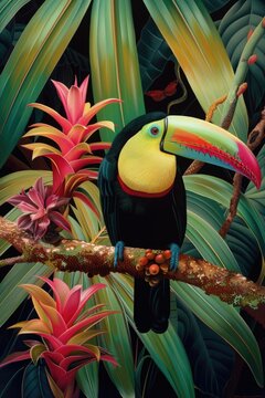 Tropical Toucan Perched on Bromelia in Costa Rica's Wild Nature