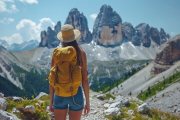 Obraz premium A solo traveler with a backpack gazing at the majestic Tre Cime di Lavaredo in the Dolomites