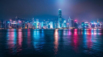 Urban cityscape skyline at night in Hong Kong