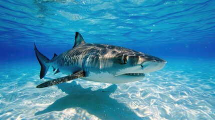 Fototapeta premium Tiger Shark Underwater View in Bahamas. Explore the Caribbean Waters and Discover the Magnificent