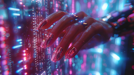 A photo of metallic nails, with a futuristic neon light display as the background, during a cyberpunk-themed photoshoot