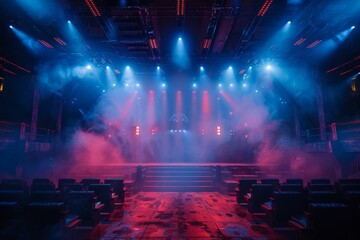 A concert stage is set with vibrant dynamic lighting, smoke, and an empty auditorium portraying readiness for a thrilling performance