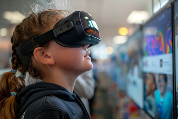 A young student looks upward, engaged with an interactive display through her AR headset, fully immersed in a digital learning experience. AI Generated.