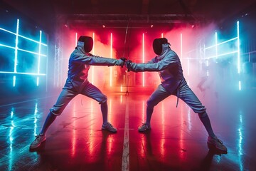 An intense moment of fencing competition with two athletes in a striking stance under dynamic neon lighting