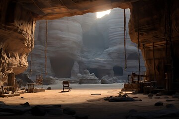 A cave with a chair and a table inside