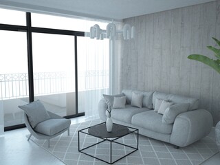 Nowoczesny minimalistyczny salon z sofą fotelem i stolikiem kawowym i dekoracyjną ozdobną drewnianą ścianą