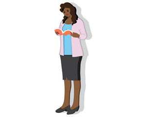 vector design cartoon illustration of a woman who is also a teacher in a pink and blue shirt with black trousers standing while reading a book