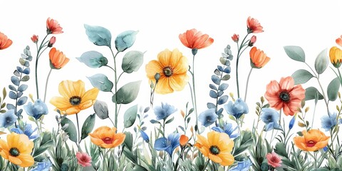 Watercolor Wildflowers and Leaves Wedding Border Generative AI
