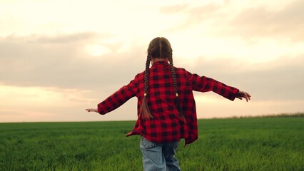child kid girl runs through green field wheat sunset, dream plane flight, child in nature, child...