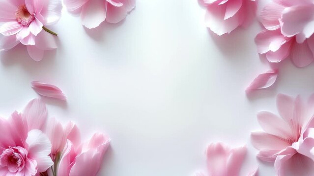 Pink petals form circular pattern on white background with flowers