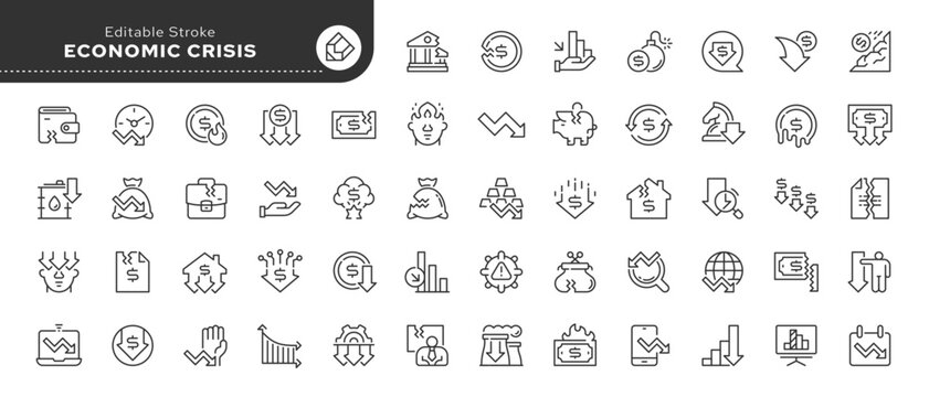 Economic crisis. Set of line icons in line style.  Decline, fall in business activity, decrease, bankruptcy, prices, financial and currency collapse. Outline icon. Conceptual pictogram