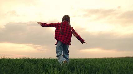 child kid girl runs through green field wheat sunset, dream plane flight, freedom in nature,...