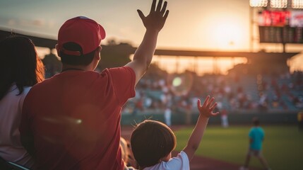 Parents and kids watching youth sports game, in the crowd at stadium cheering family playing baseball soccer field sport