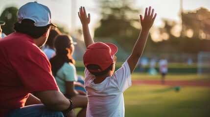 Parents and kids watching youth sports game, in the crowd at stadium cheering family playing baseball soccer field sport