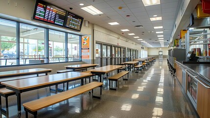 A simple, wellorganized middle school cafeteria with rows of benches and a digital menu display
