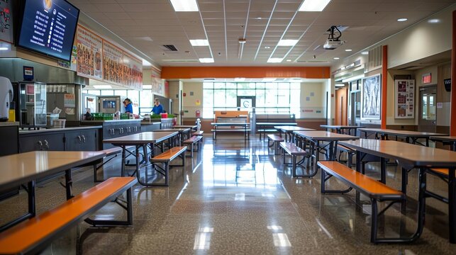 A simple, wellorganized middle school cafeteria with rows of benches and a digital menu display