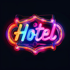 The inscription "hotel". Bright neon sticker on a black background
