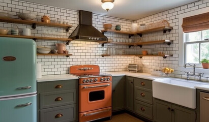 A vintage-inspired kitchen with retro appliances and brown subway tile backsplash, adding character to the space.