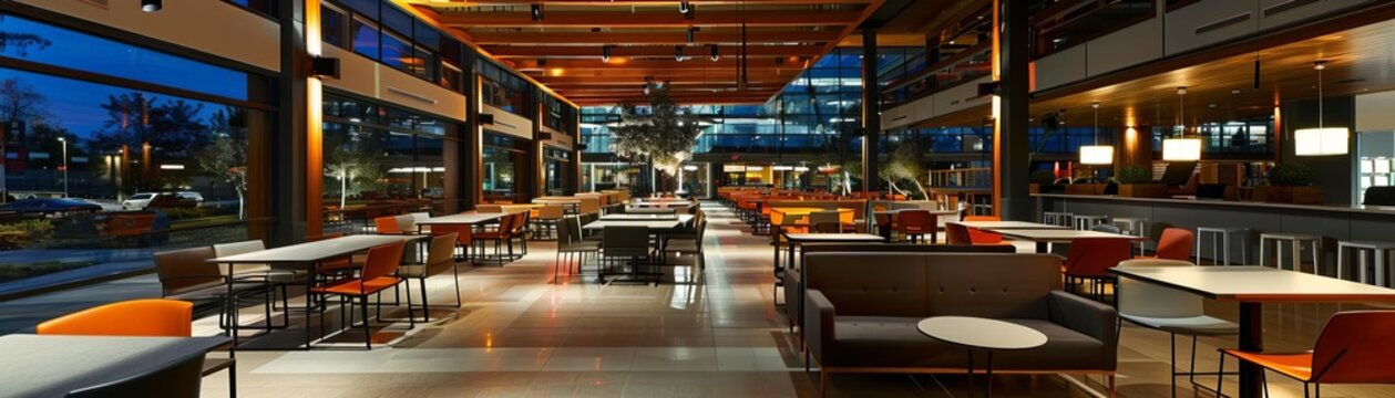 An empty corporate cafeteria at night, showcasing stylish furniture and ambient lighting