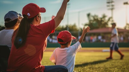 Parents and kids watching youth sports game, in the crowd at stadium cheering family playing baseball soccer field sport