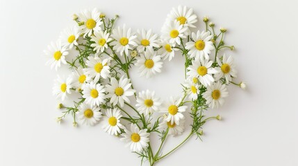 White daisies creatively arranged to form the shape of a heart against a white backdrop