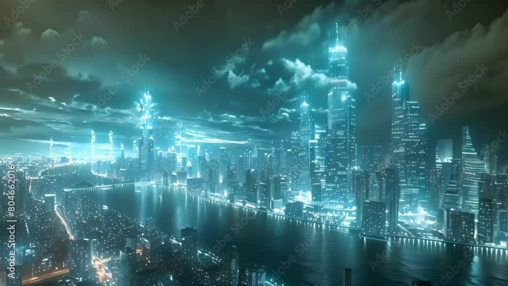 Poster a futuristic city aglow with countless lights, creating a vibrant night scene filled with modern arc