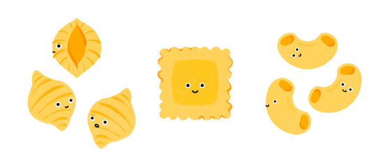 cute kiddy ravioli macaroni conchiglie characters group Italian pasta hand drawn style food recipe cookbook picture book children's book food culture menu illustrations with transparent background PNG