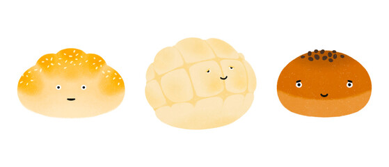 cute good morning Japanese melon pan red bean bread cocktail bun breakfast characters hand drawn food recipe cookbook picture book children's book food culture illustrations transparent background PNG
