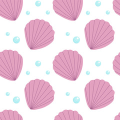 Seamless pattern with seashells, vector illustration. Seashell summer background. Trendy pattern in flat style, design for wrapping paper, wallpaper, stickers, notebook cover.