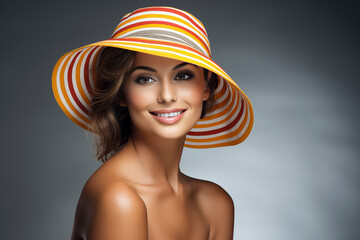Portrait of a beautiful young woman in a yellow hat. Beauty, fashion.