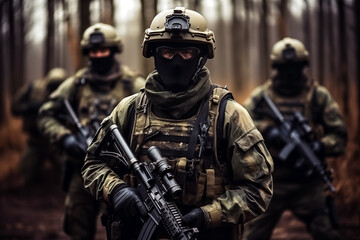 Soldiers during the military operation. blurred dark background, anti terrorism military concept.