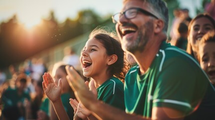 Parents and kids watching youth sports game, in the crowd at stadium cheering family playing baseball soccer field sport