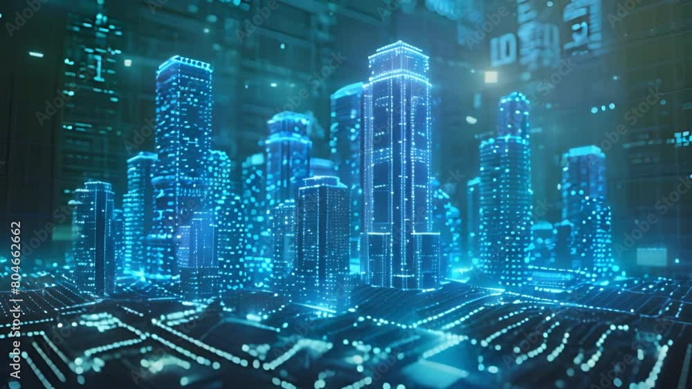 Poster a city of the future illuminated in a striking blue hue, showcasing modern architecture and advanced