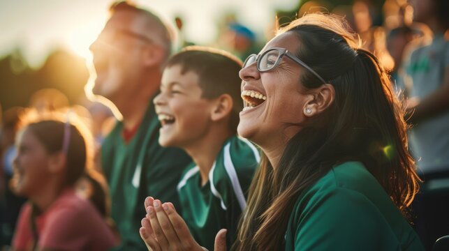 Parents and kids watching youth sports game, in the crowd at stadium cheering family playing baseball soccer field sport