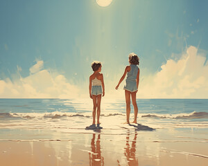retro illustration of two sisters standing on the beach 