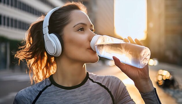 MULHER, CORREDORA E &Aacute;GUA POT&Aacute;VEL PARA EXERC&Iacute;CIOS PARA EXERC&Iacute;CIOS AO AR LIVRE EM CONCEITO DE TREINO OU RECUPERA&Ccedil;&Atilde;O