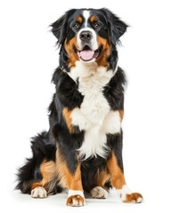 Sitting Bernese Mountain Dog on White Background. Colorful Animal Portrait in Vertical Photo